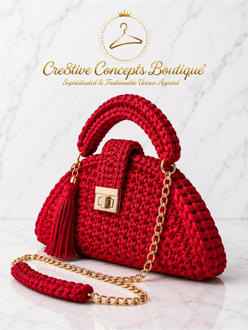 Handmade Crochet Knit, Top Handle Crossbody Satchel Bag with Gold Hardware